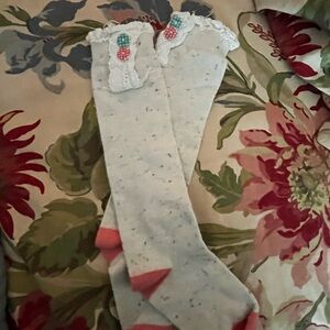 White Knee-High Socks with Lace Trim and Pink Accents